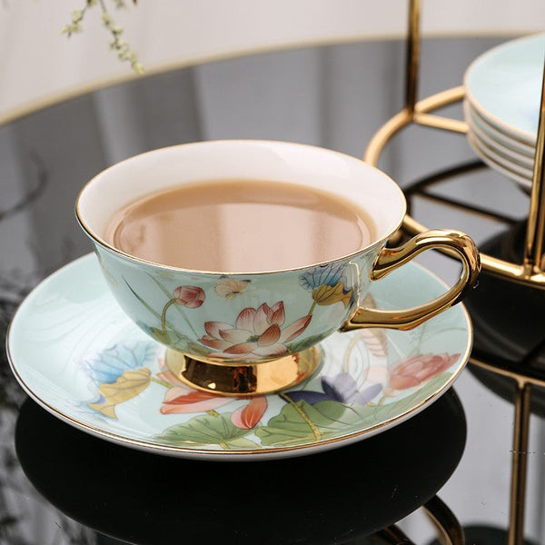 Lotus Flower Porcelain Tea Cup Saucer Set, Unique British Tea Cup and Saucer in Gift Box, Elegant British Ceramic Coffee Cups-ArtWorkCrafts.com
