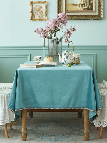 Ramie Velvet Rectangle Tablecloth for Home Decoration, Blue Square Tablecloth for Round Table, Modern Blue Table Cloth for Dining Room Table-ArtWorkCrafts.com