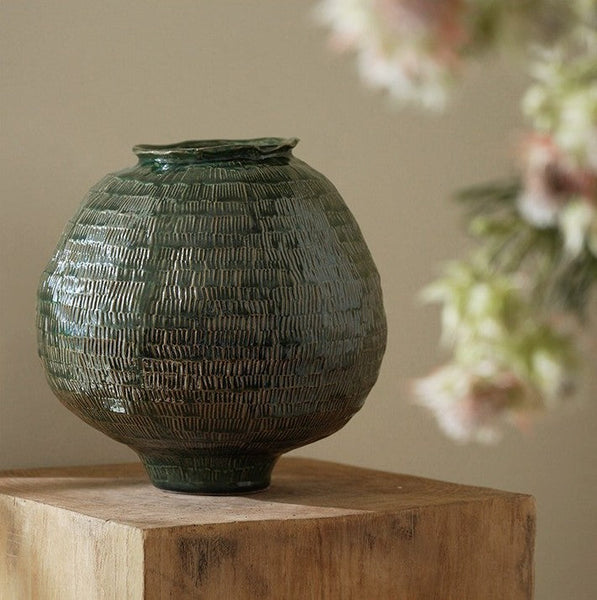 Large Contemporary Vases on Dining Table, Handmade Modern Flower Vase, Centerpiece Ceramic Bouquet Vases, Green Porcelain Vases for Modern Home Decor-ArtWorkCrafts.com