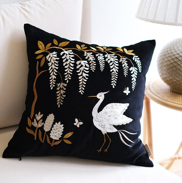 Decorative Pillow Arrangement Ideas for Bed, Embroidered Egret Cushion, Vintage Decorative Pillows, Luxury Decorative Pillows for Couch, Modern Throw Pillows for Couch-ArtWorkCrafts.com