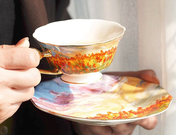 Elegant Ceramic Coffee Cups, Flower Field Vintage Porcelain Tea Cup Saucer Set, Unique British Tea Cup and Saucer in Gift Box, Royal Ceramic Cups-ArtWorkCrafts.com