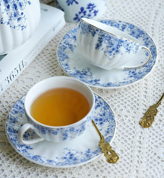 Blue Porcelain Tea Cup Saucer Set, British Royal Ceramic Cups for Traditional Afternoon Tea, Unique Blue Tea Cup and Saucer in Gift Box, Elegant Ceramic Coffee Cups-ArtWorkCrafts.com