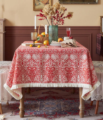 Large Fiberflax Rectangle Tablecloth for Home Decoration, Red Flower Pattern Tablecloth for Holiday Decoration, Square Tablecloth for Round Table-ArtWorkCrafts.com