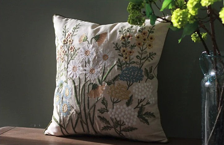 Decorative Pillows for Sofa, Flower Decorative Throw Pillows, Embroider Flower Cotton Pillow Covers, Farmhouse Decorative Throw Pillows-ArtWorkCrafts.com