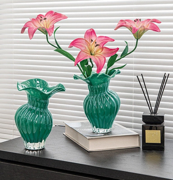Unique Handmade Liuli Vases, Color Glaze Vase, Contemporary Vases for Modern Home Decor, Green Glass Bud Vases, Centerpiece Vases on Table-ArtWorkCrafts.com
