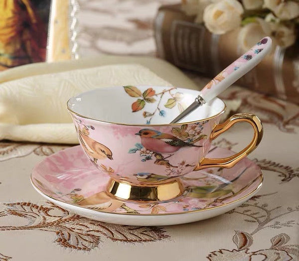 Elegant Ceramic Coffee Cups, 7.4 oz British Tea Cups, Bird Porcelain Tea Cup Saucer Set, Tea Cup and Saucer in Gift Box as Birthday Gift-ArtWorkCrafts.com