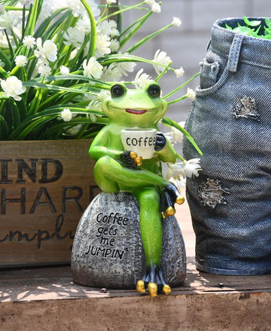 Frog Drinking Coffee Statue for Garden, Animal Statue for Garden Courtyard Ornament, Villa Outdoor Decor Gardening Ideas-ArtWorkCrafts.com