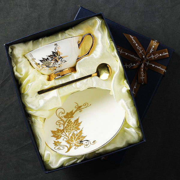 Golden Leaves and Grapes Porcelain Tea Cup Saucer Set, 7.4 oz British Tea Cup and Saucer in Gift Box, Elegant British Ceramic Coffee Cups-ArtWorkCrafts.com