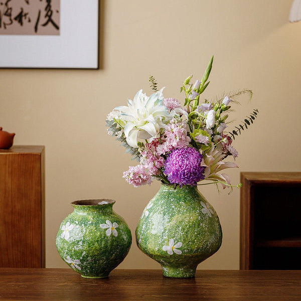 Centerpiece on Dining Table, Handmade Water Holding Flower Vases, Modern Pottery Flower Vases, Pottery Bud Vases, Large Green Flower Vases on Table-ArtWorkCrafts.com