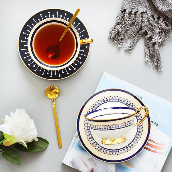 British Tea Cups, Porcelain Coffee Cups, Latte Coffee Cups, Tea Cup and Saucer, Coffee Cups with Gold Trim and Gift Box-ArtWorkCrafts.com
