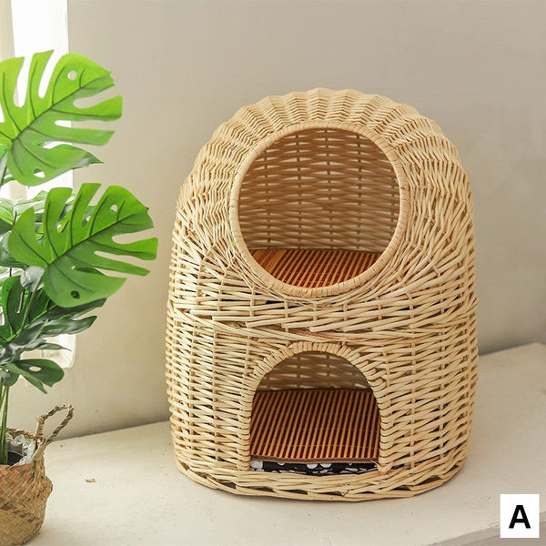 Large Double-Layer Cat Bed, Wicker Cat House Basket with Washable Cushion for Indoor Cats and Dogs-ArtWorkCrafts.com