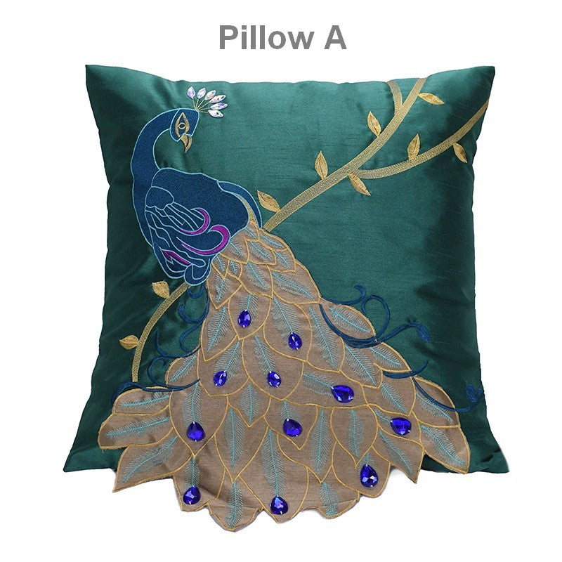 Decorative Sofa Pillows, Decorative Pillows for Couch, Beautiful Decorative Throw Pillows, Green Embroider Peacock Cotton and linen Pillow Cover-ArtWorkCrafts.com