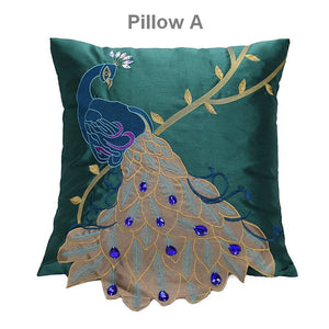 Decorative Sofa Pillows, Decorative Pillows for Couch, Beautiful Decorative Throw Pillows, Green Embroider Peacock Cotton and linen Pillow Cover-ArtWorkCrafts.com