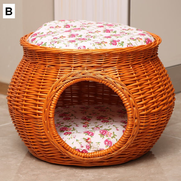 Wicker Cat House Basket with Washable Cushion for Indoor Cats and Dogs, Rattan Cat Bed-ArtWorkCrafts.com