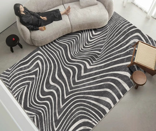 Mid Century Area Rugs for Living Room, Black Stripe Area Rugs under Sofa, Abstract Contemporary Rugs for Bedroom, Modern Carpets for Office, Dining Room Floor Rugs-ArtWorkCrafts.com