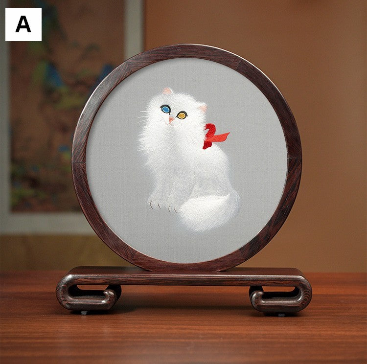 Unique Birthday Gift, Traditional Chinese Suzhou Kitten Embroidery Ornament, Lovely Kitty Cat Embroidered Decor, Premium Souvenir, Exclusive Business Present-ArtWorkCrafts.com