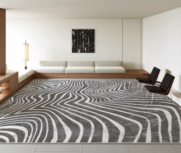 Mid Century Area Rugs for Living Room, Black Stripe Area Rugs under Sofa, Abstract Contemporary Rugs for Bedroom, Modern Carpets for Office, Dining Room Floor Rugs-ArtWorkCrafts.com