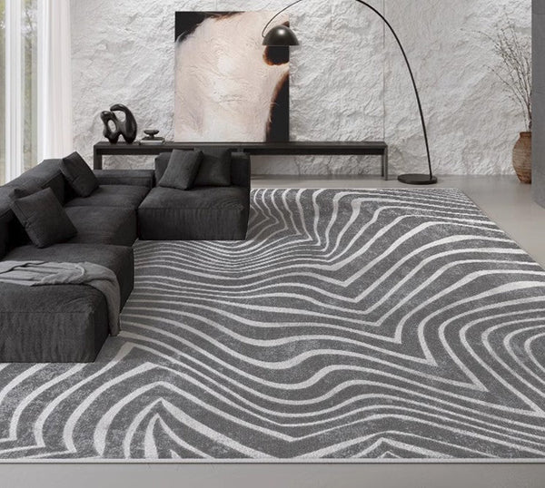 Mid Century Area Rugs for Living Room, Black Stripe Area Rugs under Sofa, Abstract Contemporary Rugs for Bedroom, Modern Carpets for Office, Dining Room Floor Rugs-ArtWorkCrafts.com