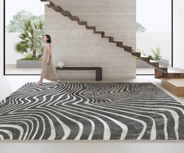 Mid Century Area Rugs for Living Room, Black Stripe Area Rugs under Sofa, Abstract Contemporary Rugs for Bedroom, Modern Carpets for Office, Dining Room Floor Rugs-ArtWorkCrafts.com