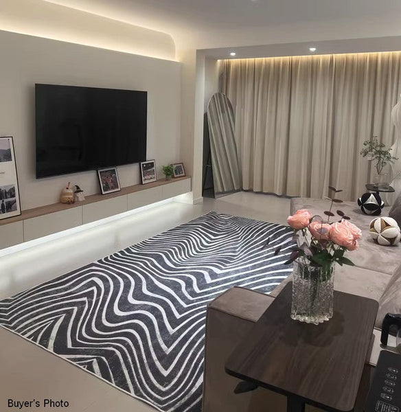 Mid Century Area Rugs for Living Room, Black Stripe Area Rugs under Sofa, Abstract Contemporary Rugs for Bedroom, Modern Carpets for Office, Dining Room Floor Rugs-ArtWorkCrafts.com
