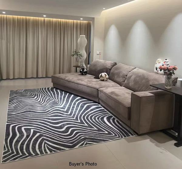 Mid Century Area Rugs for Living Room, Black Stripe Area Rugs under Sofa, Abstract Contemporary Rugs for Bedroom, Modern Carpets for Office, Dining Room Floor Rugs-ArtWorkCrafts.com