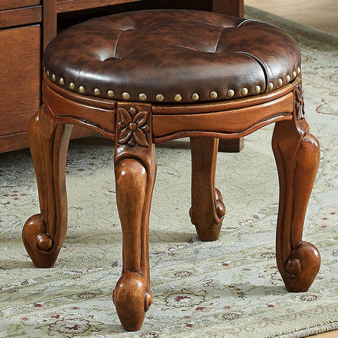 Genuine Leather Solid Wood Entry Bench, Vintage Round Stool, Solid Wood Ottoman, Rubberwood Entry Bench, Vanity Stool-ArtWorkCrafts.com