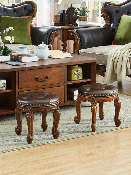 Genuine Leather Solid Wood Entry Bench, Vintage Round Stool, Solid Wood Ottoman, Rubberwood Entry Bench, Vanity Stool-ArtWorkCrafts.com