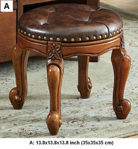 Genuine Leather Solid Wood Entry Bench, Vintage Round Stool, Solid Wood Ottoman, Rubberwood Entry Bench, Vanity Stool-ArtWorkCrafts.com