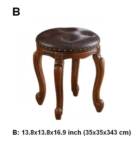 Genuine Leather Solid Wood Entry Bench, Vintage Round Stool, Solid Wood Ottoman, Rubberwood Entry Bench, Vanity Stool-ArtWorkCrafts.com