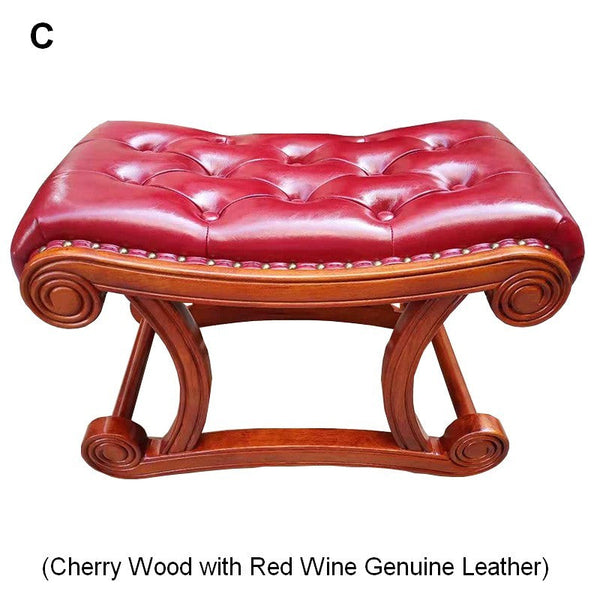 Vintage Leather Stool, Genuine Leather Solid Wood Entry Bench, Cherry Wood Footstool, Long Bench, Vanity Stool, Dressing Table Stool-ArtWorkCrafts.com