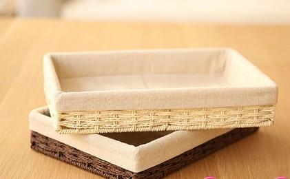 Woven Straw Storage Basket with Linen Lining, Storage Basket for Food, Rectangle Storage Basket for Kitchen-ArtWorkCrafts.com