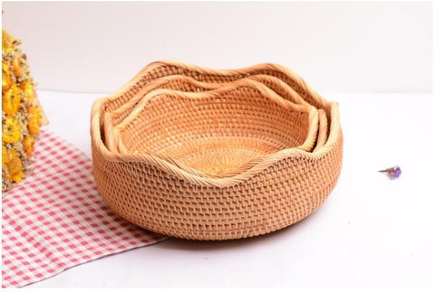 Woven Round Rattan Basket, Storage Basket for Dining Room Table, Woven Storage Basket for Kitchen, Small Storage Baskets, Set of 3-ArtWorkCrafts.com