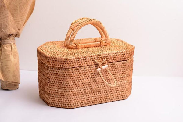 Rattan Wicker Serving Basket, Storage Baskets for Picnic, Kitchen Storage Baskets, Woven Storage Baskets with Lid-ArtWorkCrafts.com