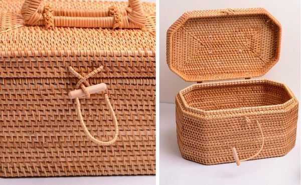 Rattan Wicker Serving Basket, Storage Baskets for Picnic, Kitchen Storage Baskets, Woven Storage Baskets with Lid-ArtWorkCrafts.com