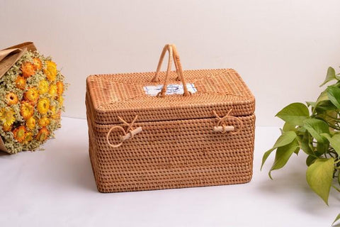Rattan Wicker Serving Basket, Storage Baskets for Picnic, Kitchen Storage Baskets, Woven Storage Baskets with Lid-ArtWorkCrafts.com