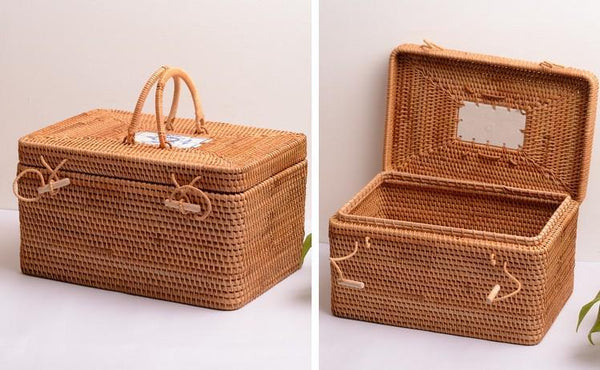 Rattan Wicker Serving Basket, Storage Baskets for Picnic, Kitchen Storage Baskets, Woven Storage Baskets with Lid-ArtWorkCrafts.com