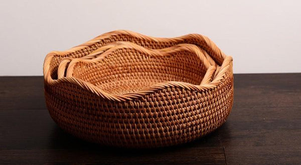 Woven Round Rattan Basket, Storage Basket for Dining Room Table, Woven Storage Basket for Kitchen, Small Storage Baskets, Set of 3-ArtWorkCrafts.com