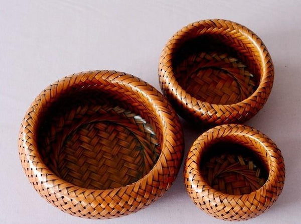 Farmhouse Small Storage Basket, Woven Snacks Basket, Bamboo Storage Basket, Round Storage Basket for Kitchen, Set of 3-ArtWorkCrafts.com