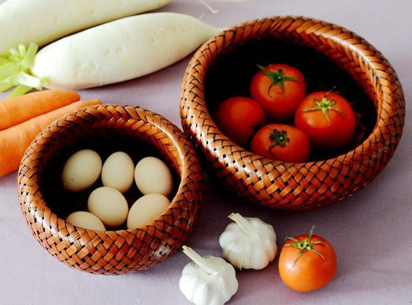 Farmhouse Small Storage Basket, Woven Snacks Basket, Bamboo Storage Basket, Round Storage Basket for Kitchen, Set of 3-ArtWorkCrafts.com
