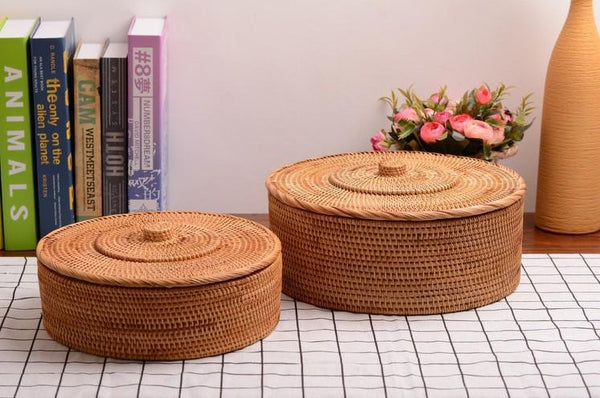 Woven Storage Basket with Lid, Large Rattan Baskets, Round Basket for Kitchen, Storage Baskets for Shelves-ArtWorkCrafts.com