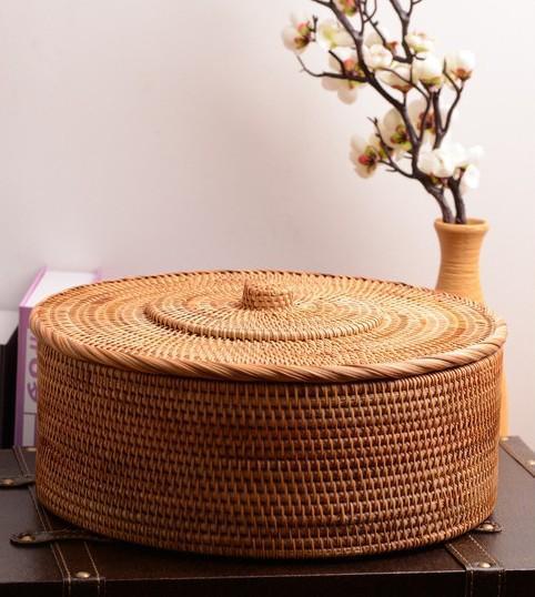 Woven Storage Basket with Lid, Large Rattan Baskets, Round Basket for Kitchen, Storage Baskets for Shelves-ArtWorkCrafts.com