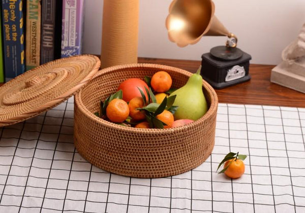 Woven Storage Basket with Lid, Large Rattan Baskets, Round Basket for Kitchen, Storage Baskets for Shelves-ArtWorkCrafts.com