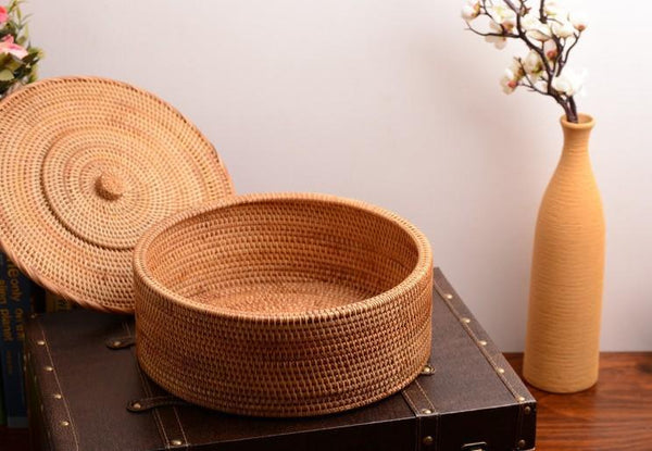 Woven Storage Basket with Lid, Large Rattan Baskets, Round Basket for Kitchen, Storage Baskets for Shelves-ArtWorkCrafts.com