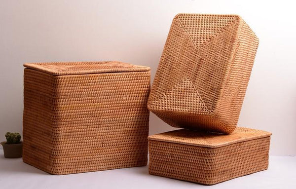 Woven Rattan Baskets, Rectangular Basket with Lid, Rectangular Storage Baskets, Storage Basket for Bedroom, Kitchen Storage Baskets-ArtWorkCrafts.com
