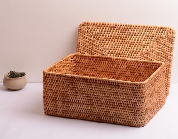 Woven Rattan Baskets, Rectangular Basket with Lid, Rectangular Storage Baskets, Storage Basket for Bedroom, Kitchen Storage Baskets-ArtWorkCrafts.com