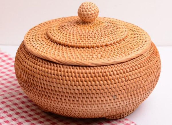 Round Storage Basket, Woven Storage Basket with Lid, Rattan Basket for Kitchen, Wicker Storage Basket-ArtWorkCrafts.com