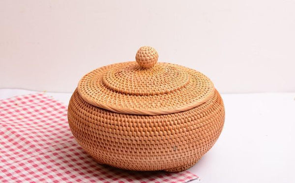 Round Storage Basket, Woven Storage Basket with Lid, Rattan Basket for Kitchen, Wicker Storage Basket-ArtWorkCrafts.com