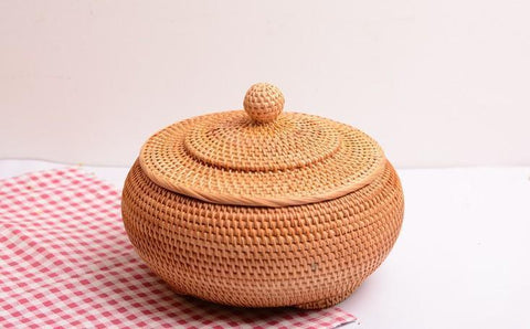 Round Storage Basket, Woven Storage Basket with Lid, Rattan Basket for Kitchen, Wicker Storage Basket-ArtWorkCrafts.com