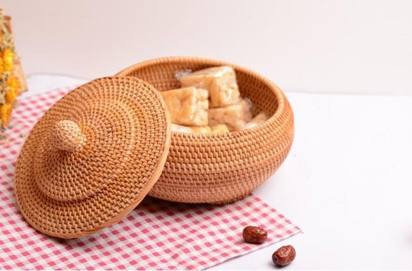 Round Storage Basket, Woven Storage Basket with Lid, Rattan Basket for Kitchen, Wicker Storage Basket-ArtWorkCrafts.com