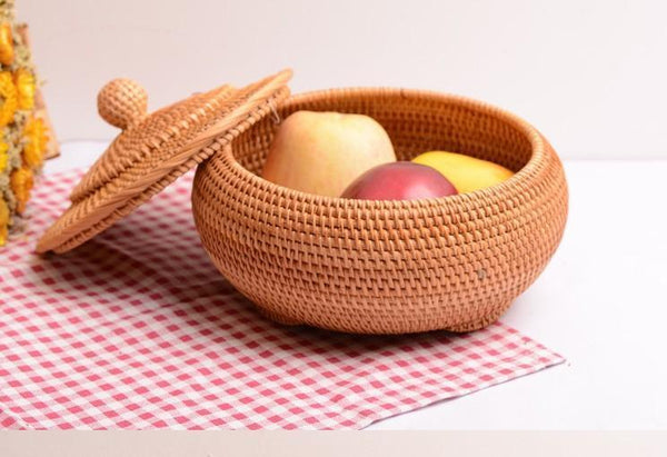 Round Storage Basket, Woven Storage Basket with Lid, Rattan Basket for Kitchen, Wicker Storage Basket-ArtWorkCrafts.com